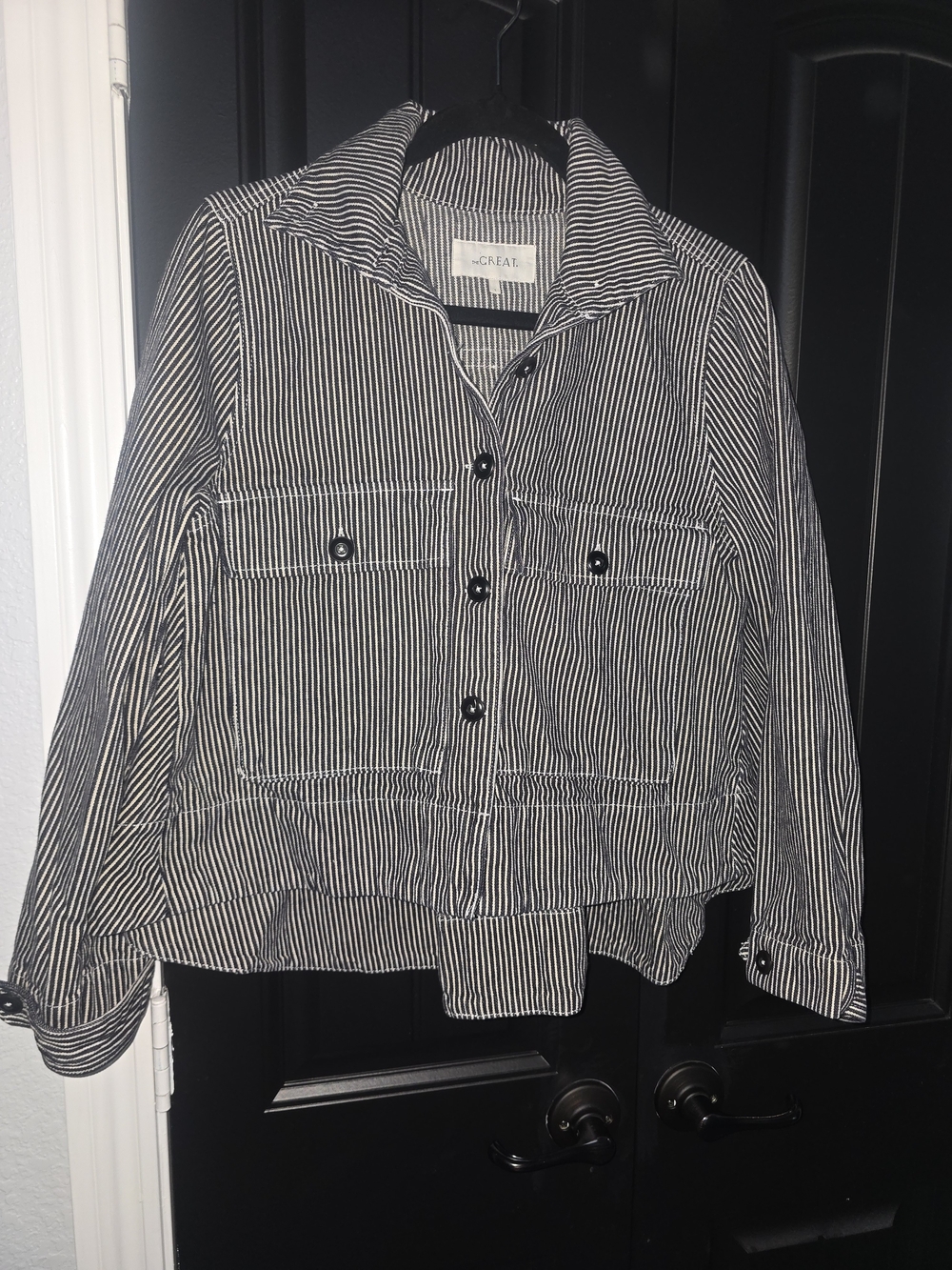 THE GREAT. Black & White Pinstripe Utility Cropped Jacket